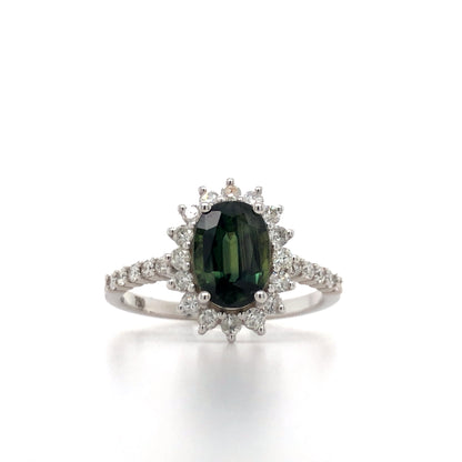 18K White Gold Green Sapphire and Diamond Cluster Ring