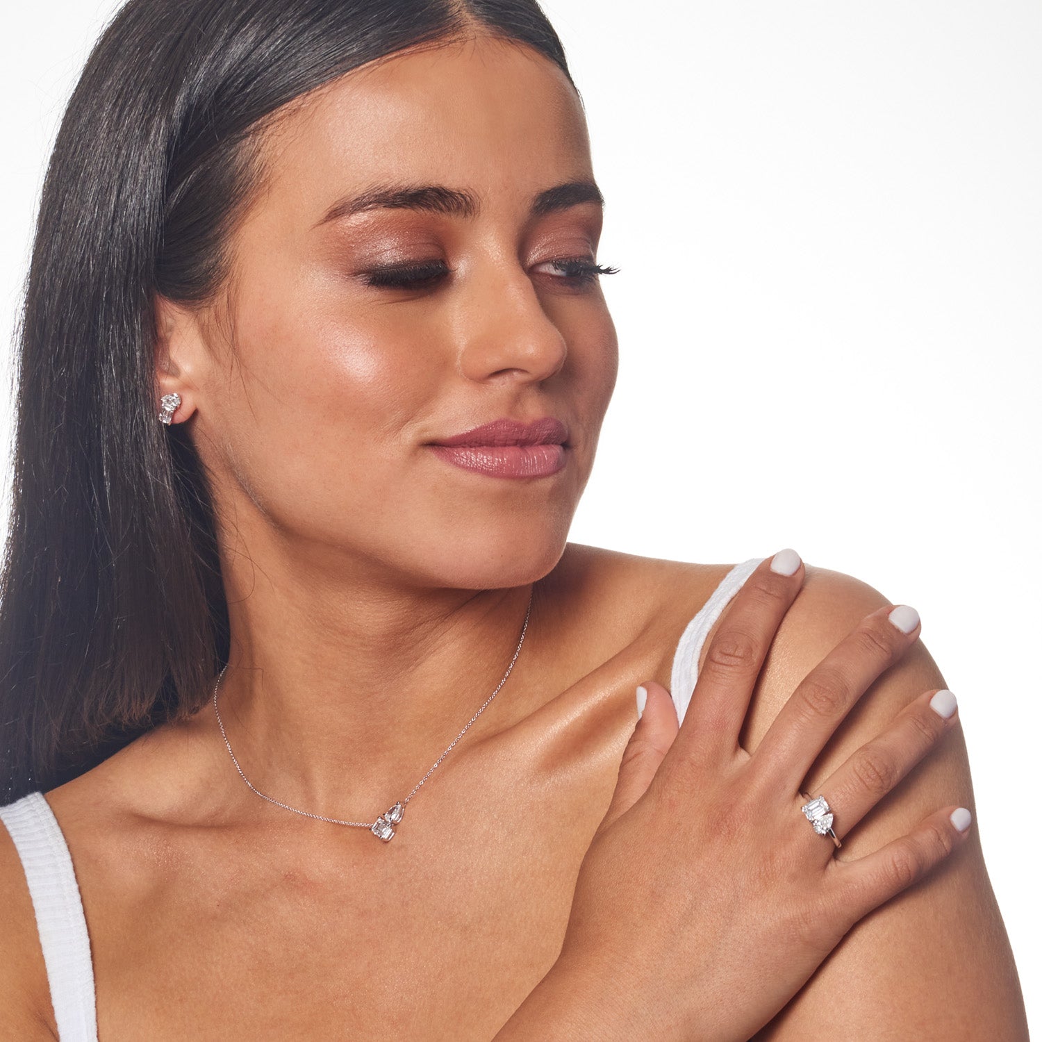Model wearing 2.40ct Lab Grown Diamond Earrings in 18K White Gold