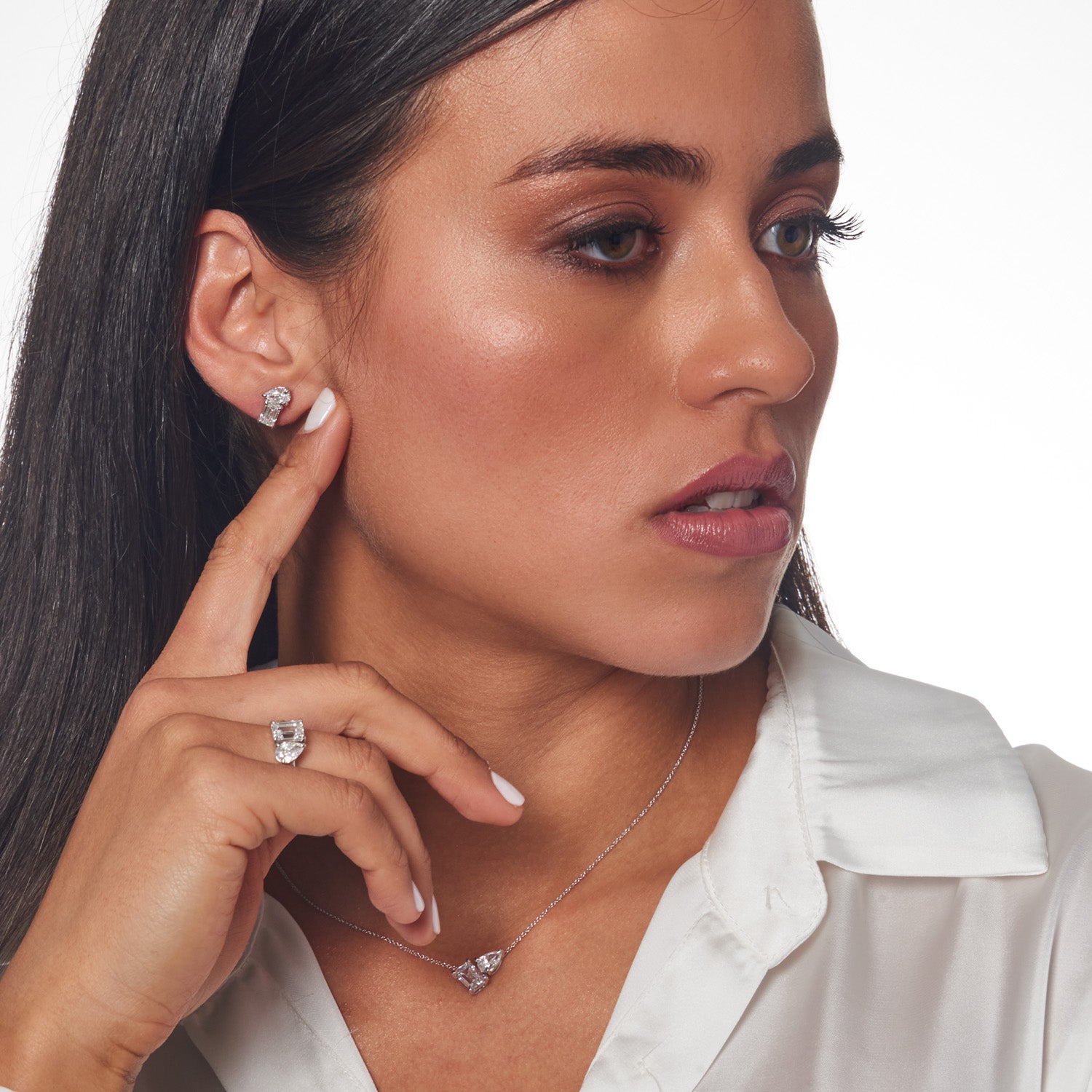 Model wearing 2.40ct Lab Grown Diamond Earrings in 18K White Gold