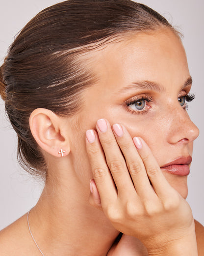 Model wearing 0.10ct Lab Grown Diamond Stud Earrings in 9K Yellow Gold