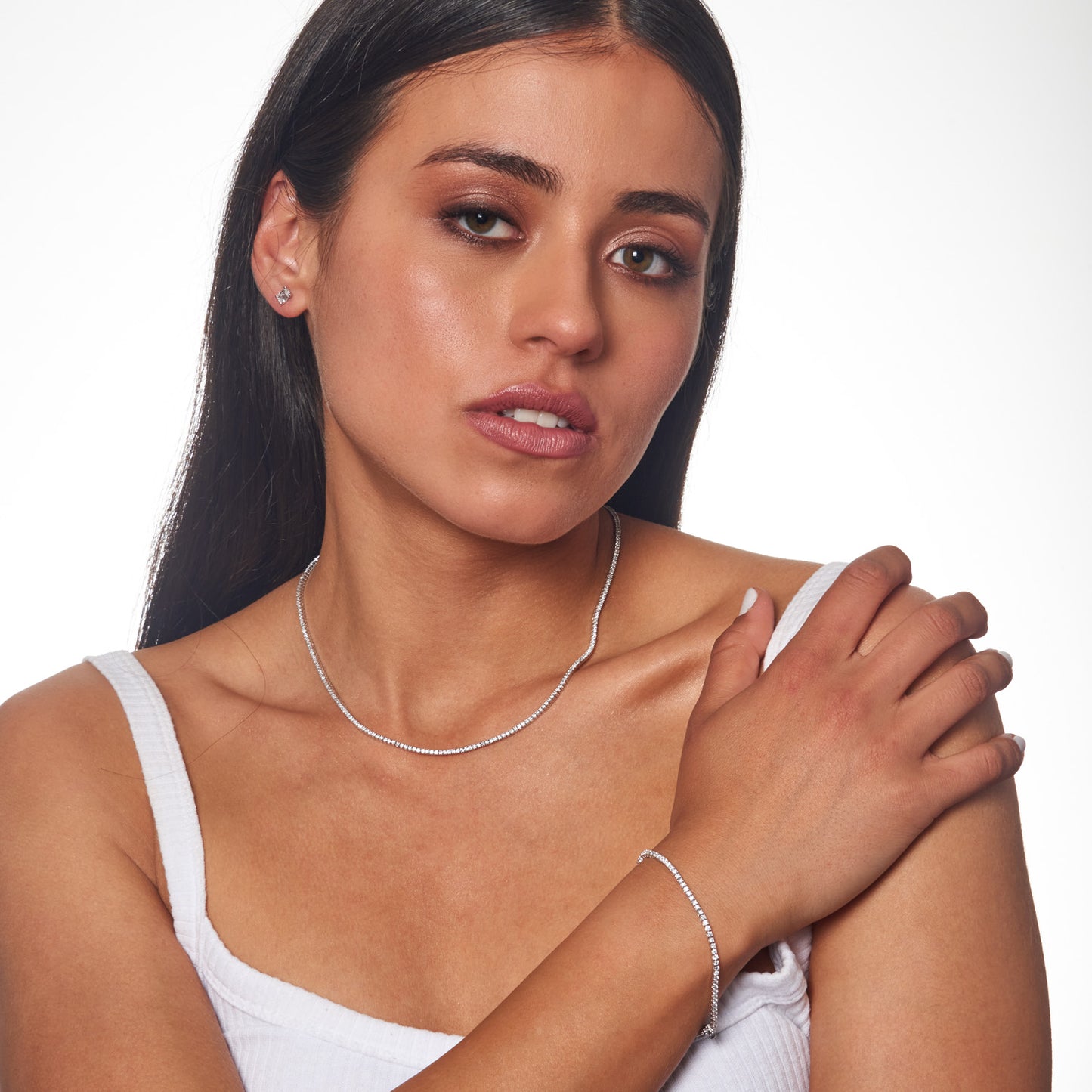 Model wearing 2.00ct Lab Grown Diamond Tennis Bracelet in 18K White Gold
