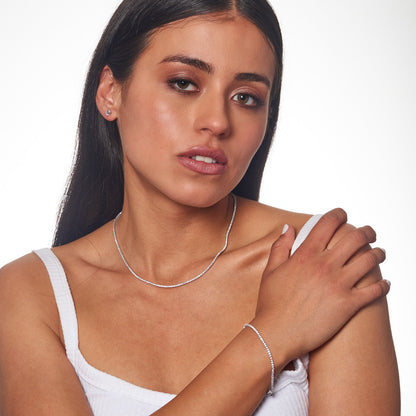 Model wearing 3.45ct Lab Grown Diamond Tennis Necklace in 18K White Gold