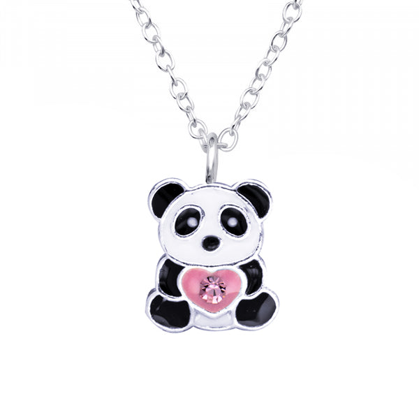 Black/White Enamel Panda with Pink Heart + Crystal Necklace