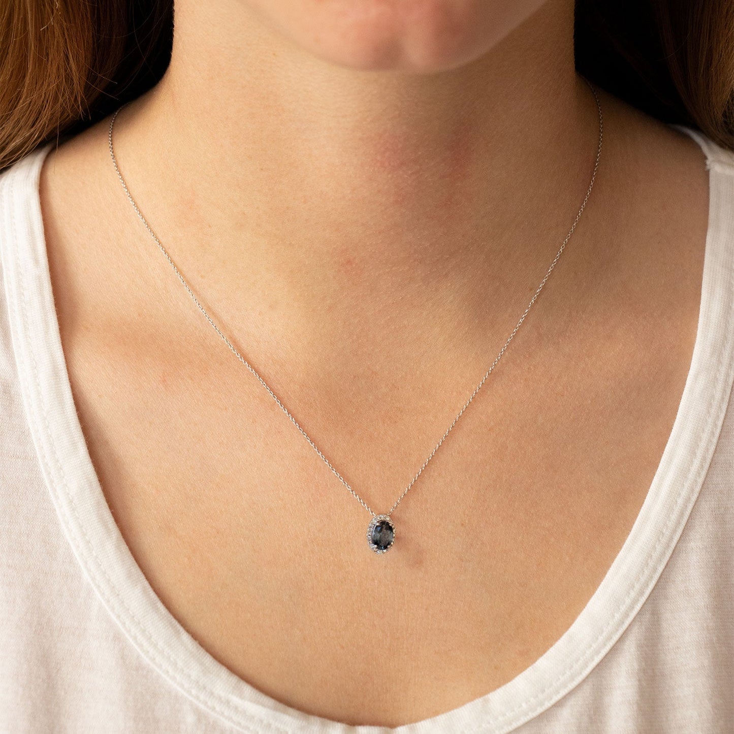 London Blue Topaz Necklace with 0.05ct Diamonds in 9K White Gold