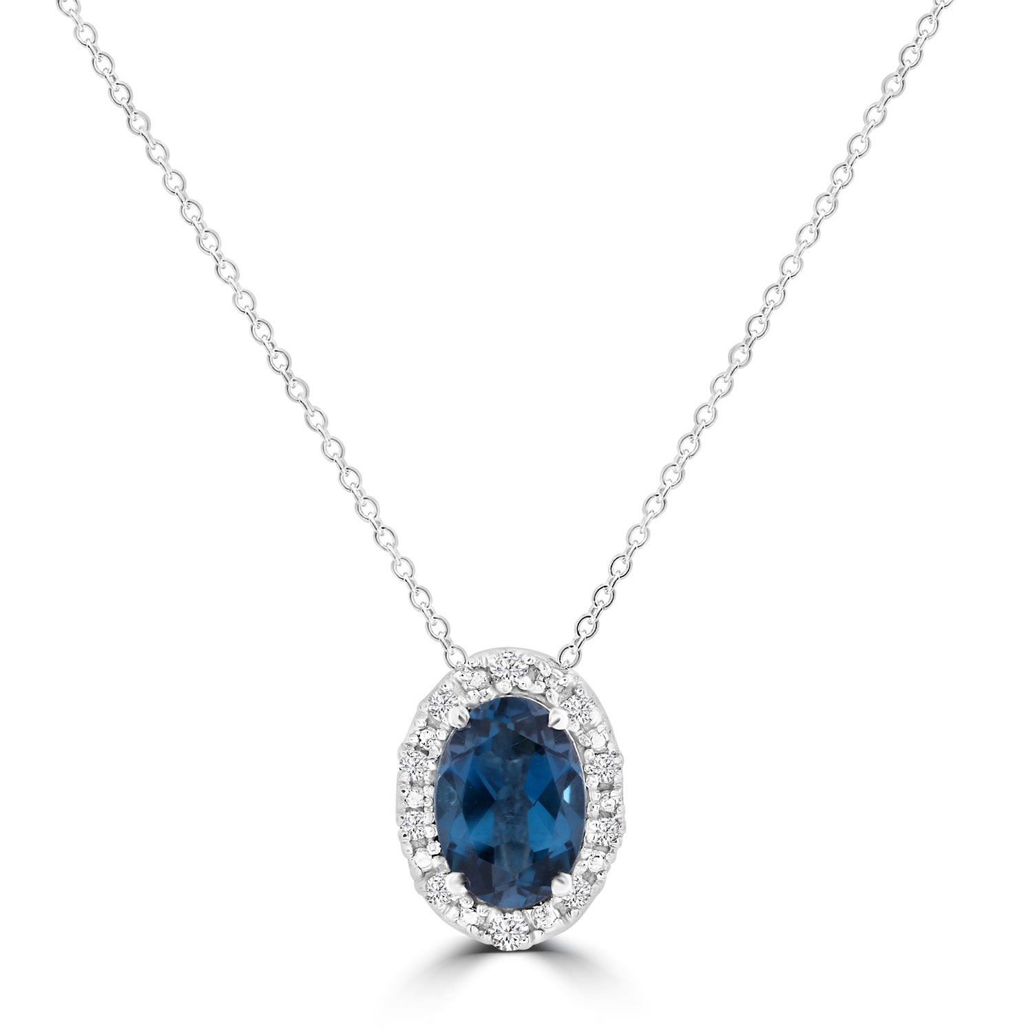 London Blue Topaz Necklace with 0.05ct Diamonds in 9K White Gold