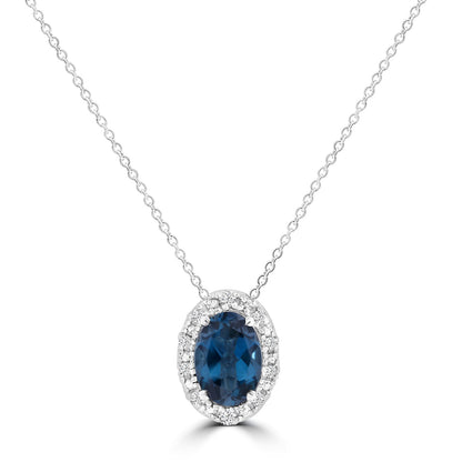 London Blue Topaz Necklace with 0.05ct Diamonds in 9K White Gold