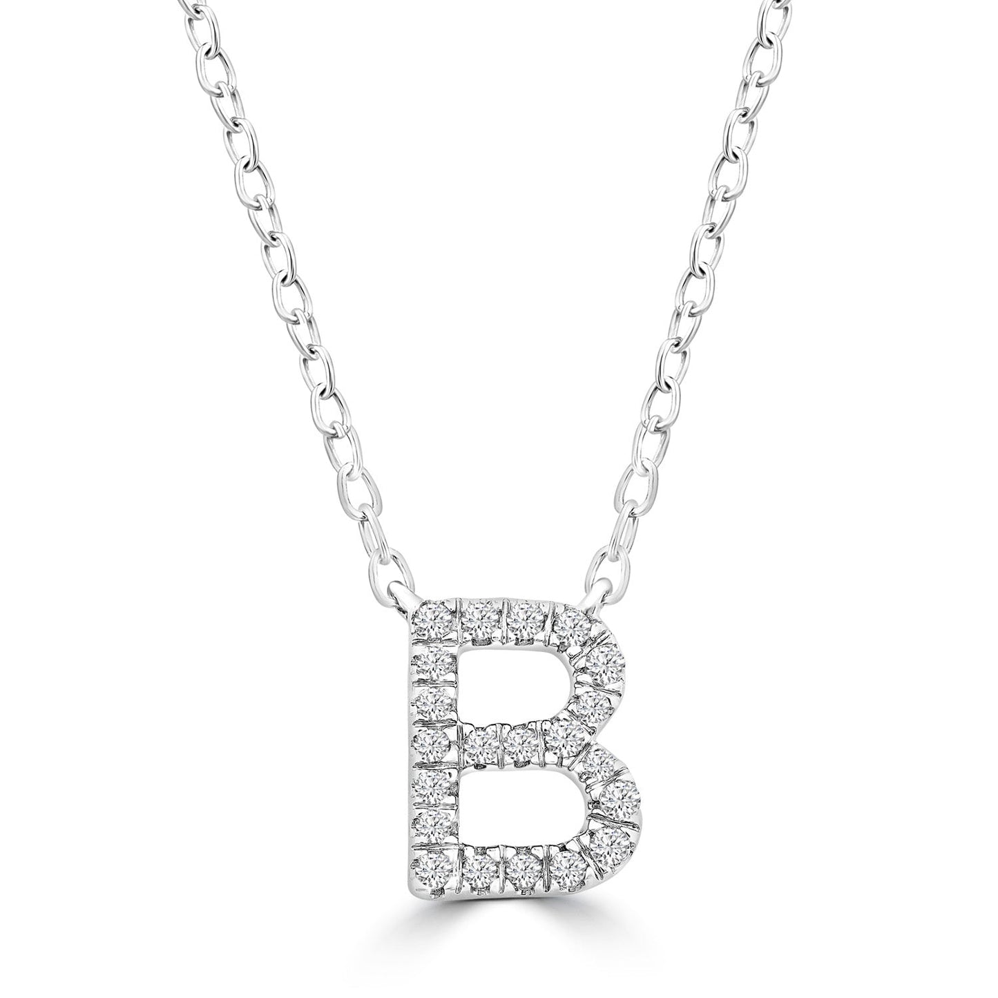 Initial Necklace with Natural Diamonds in 9K White Gold — B, 9kt WG