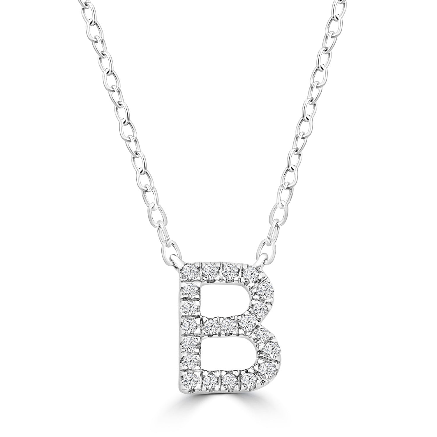 Initial Necklace with Natural Diamonds in 9K White Gold — B, 9kt WG