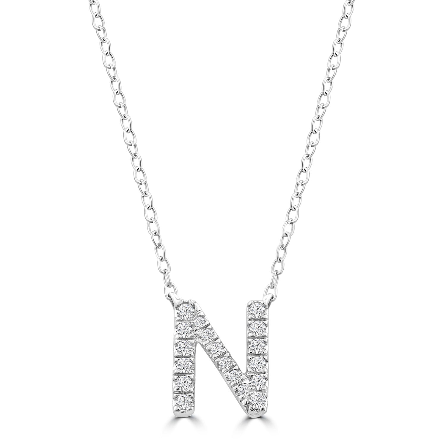Initial Necklace with Natural Diamonds in 9K White Gold — N, 9kt WG