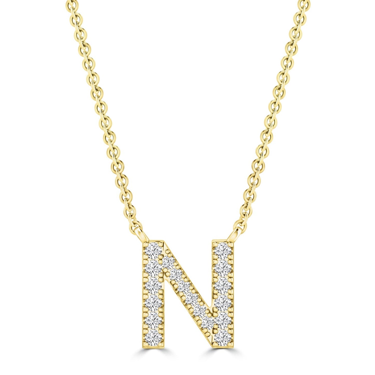 Initial Necklace with Natural Diamonds in 9K White Gold — N, 9kt YG