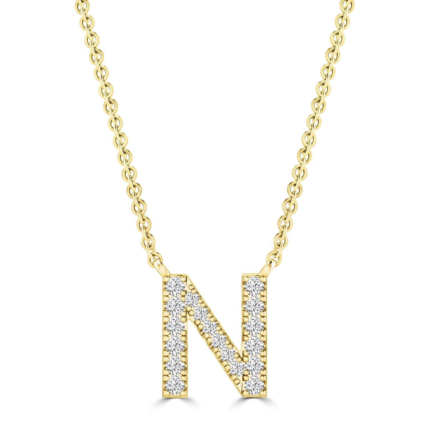 Initial Necklace with Natural Diamonds in 9K White Gold — N, 9kt YG