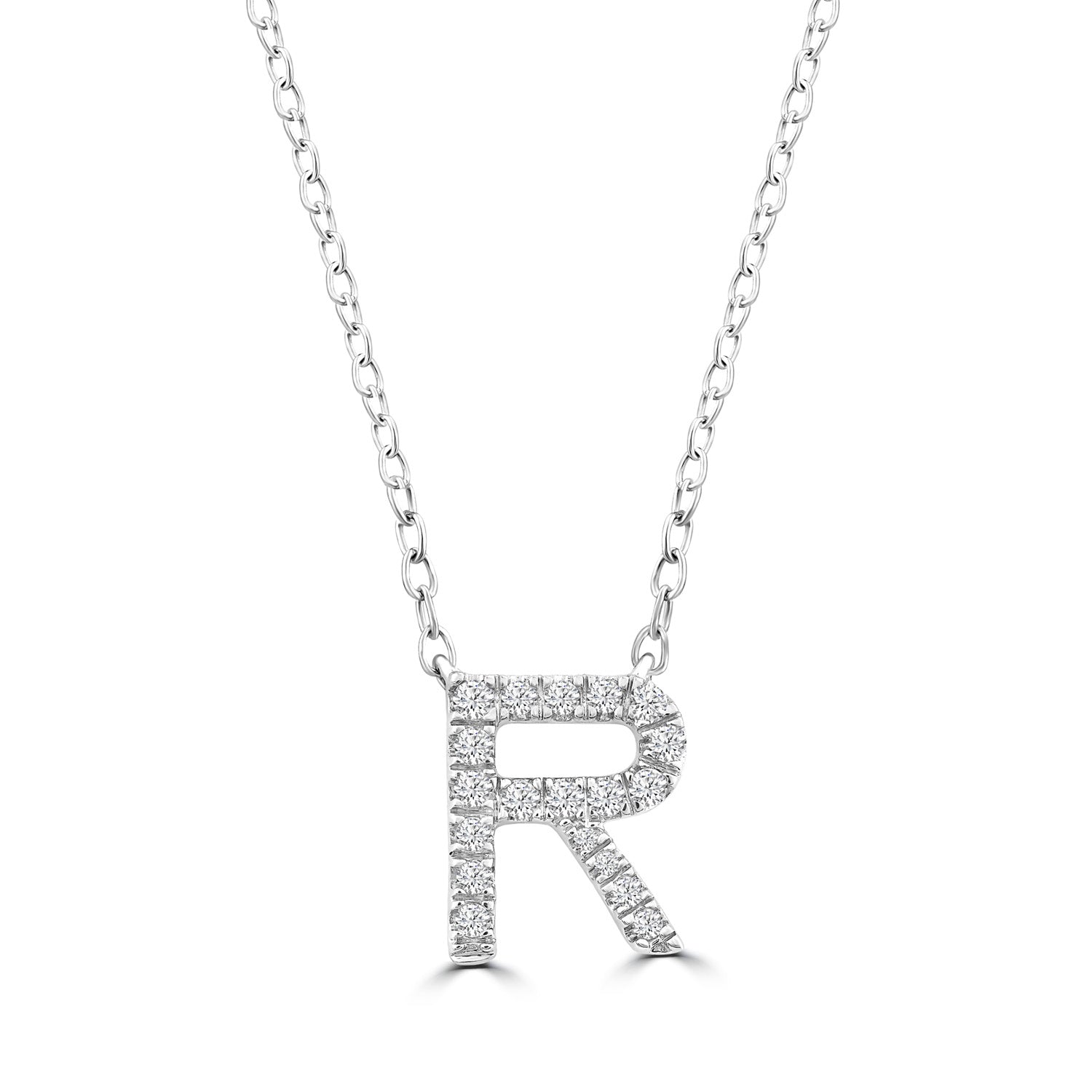 Initial Necklace with Natural Diamonds in 9K White Gold — R, 9kt WG