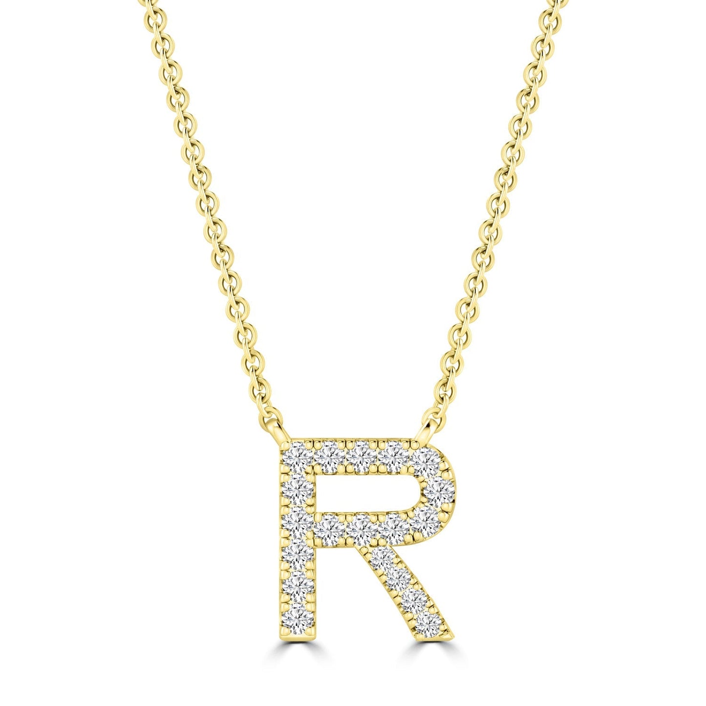 Initial Necklace with Natural Diamonds in 9K White Gold — R, 9kt YG