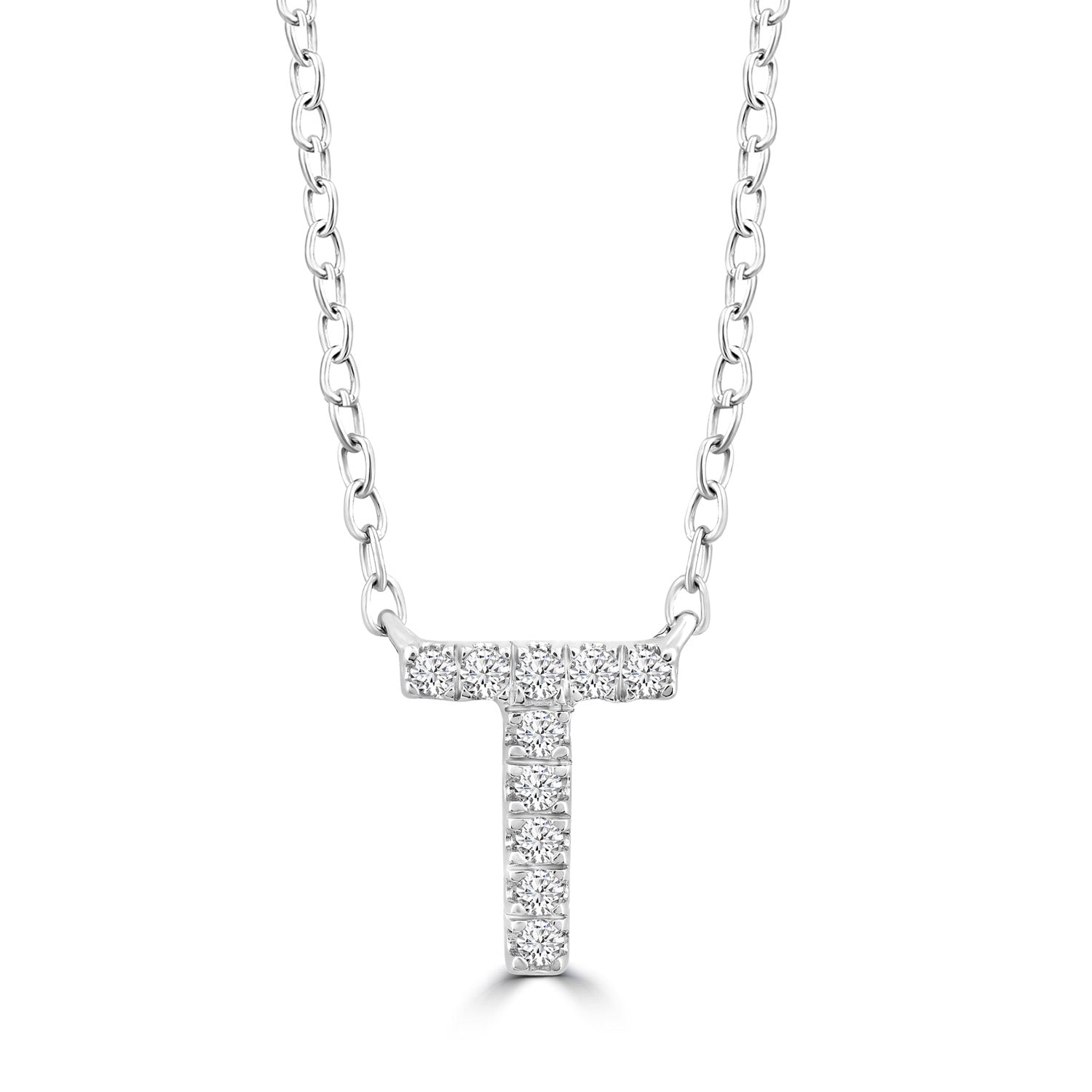 Initial Necklace with Natural Diamonds in 9K White Gold — T, 9kt WG