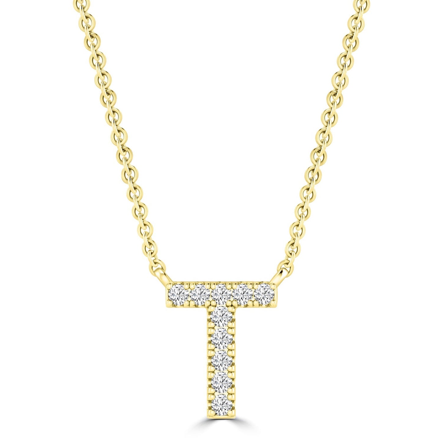 Initial Necklace with Natural Diamonds in 9K White Gold — T, 9kt YG