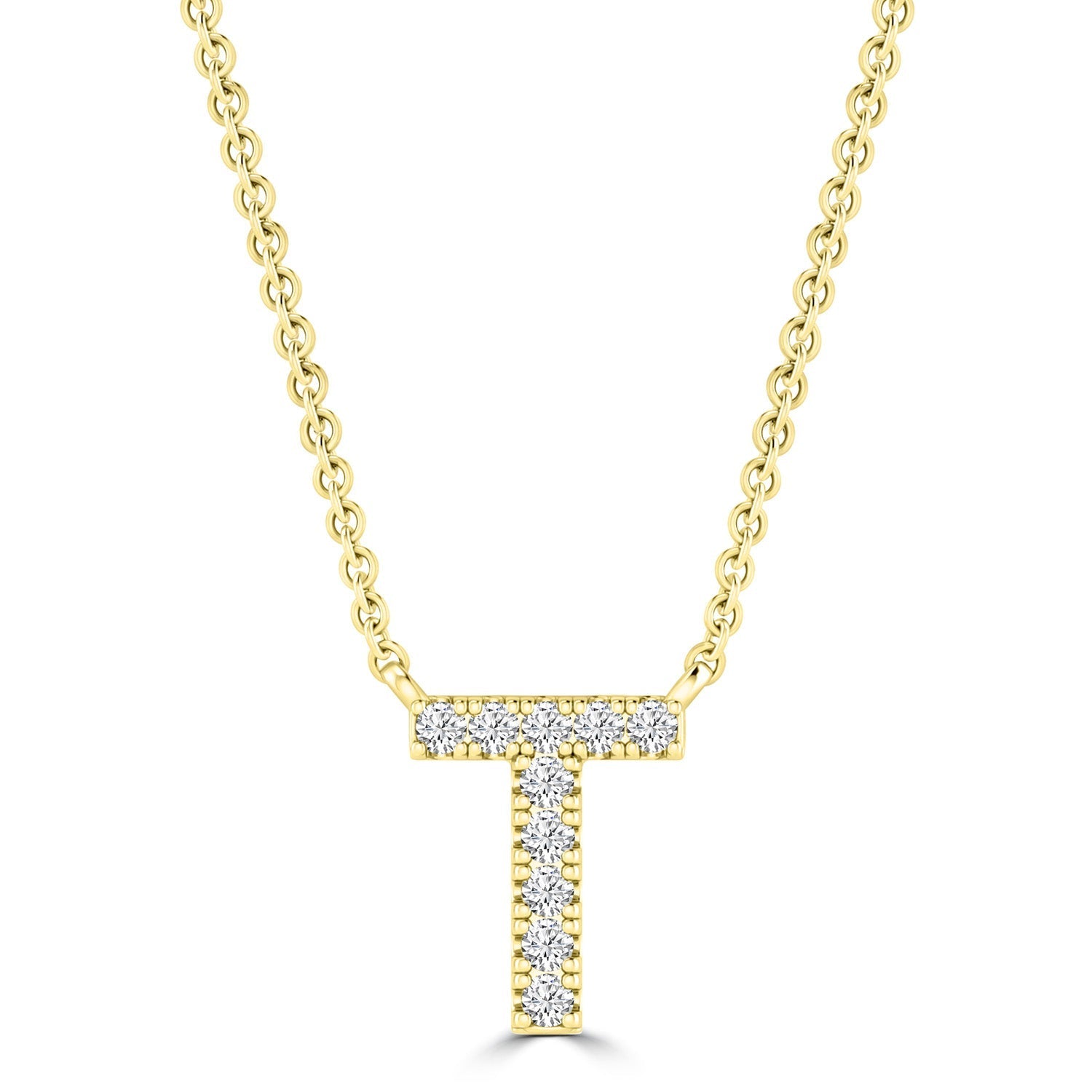 Initial Necklace with Natural Diamonds in 9K White Gold — T, 9kt YG