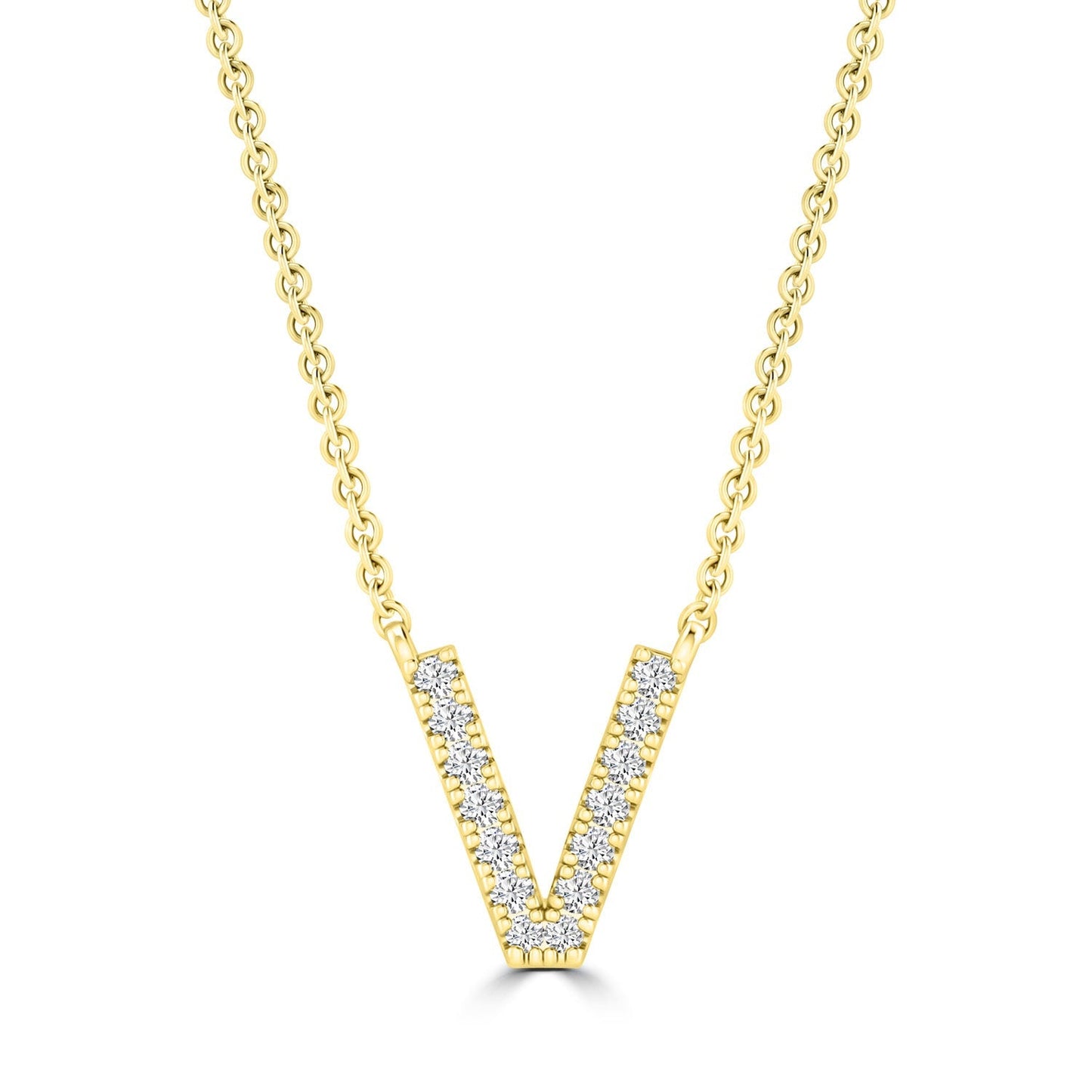 Initial Necklace with Natural Diamonds in 9K White Gold — V, 9kt YG