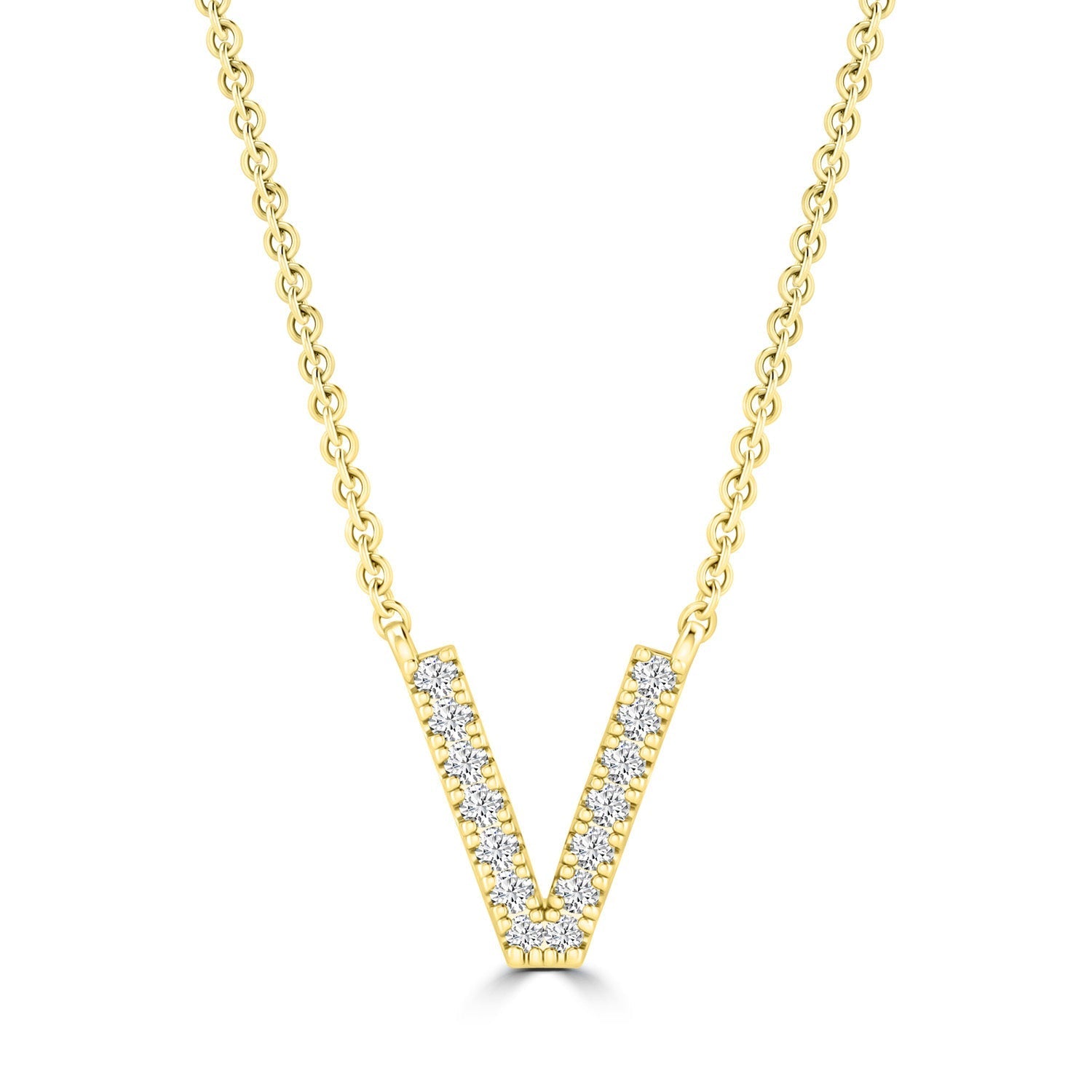 Initial Necklace with Natural Diamonds in 9K White Gold — V, 9kt YG