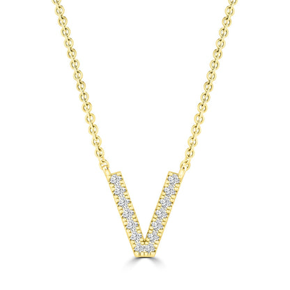 Initial Necklace with Natural Diamonds in 9K White Gold — V, 9kt YG