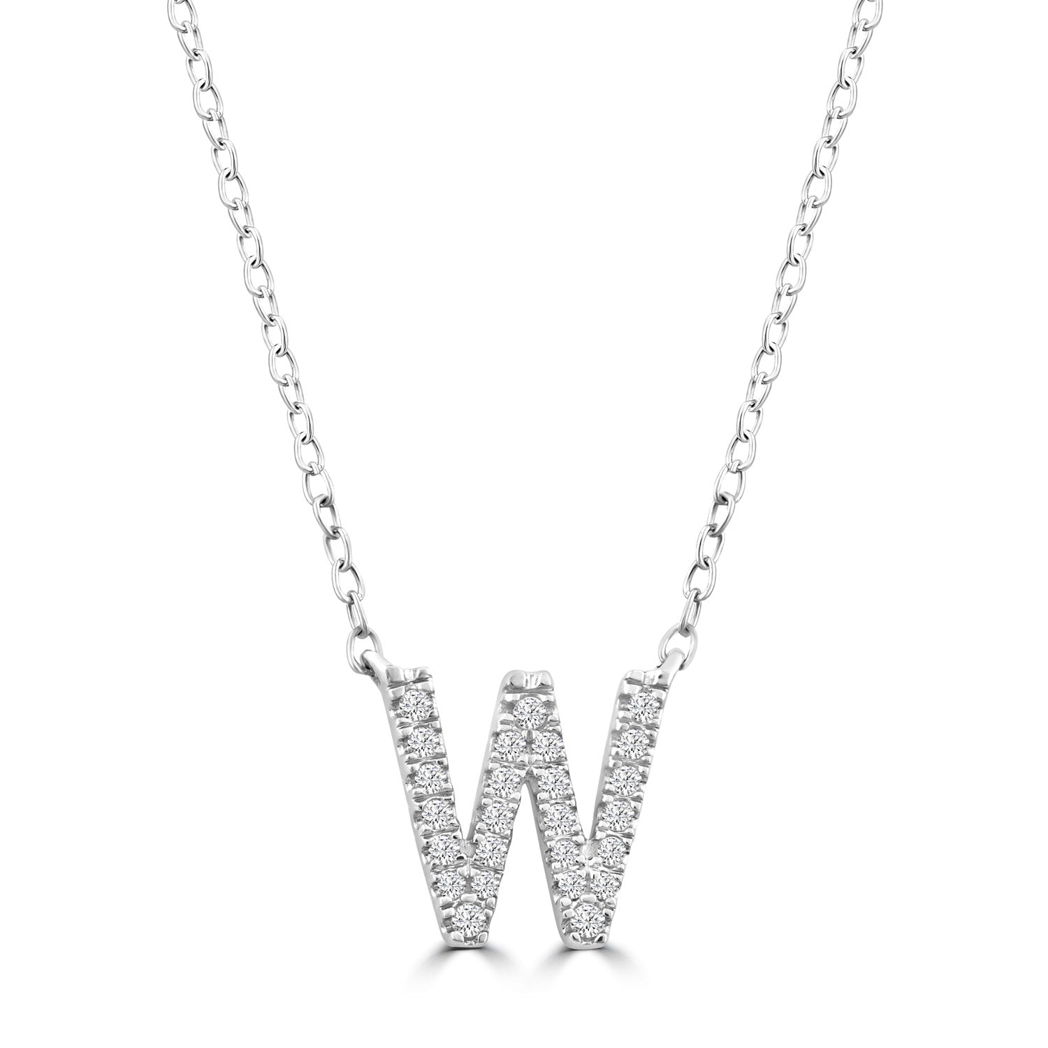 Initial Necklace with Natural Diamonds in 9K White Gold — W, 9kt WG