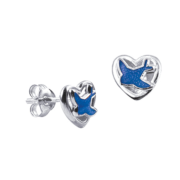 Heart Studs with Enamel Blue Bird