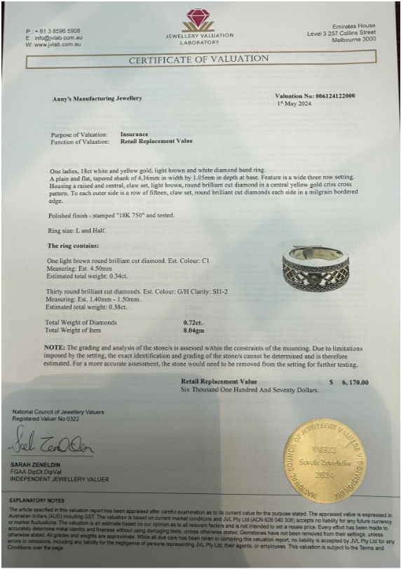 0.34ct C1 Diamond + 0.38ct White Diamonds 18kt Ring