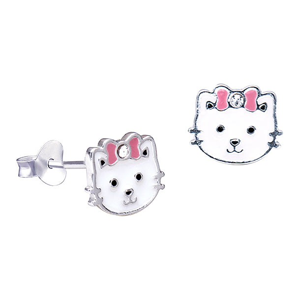 White Enamel Cat with Pink Bow & Crystal Studs
