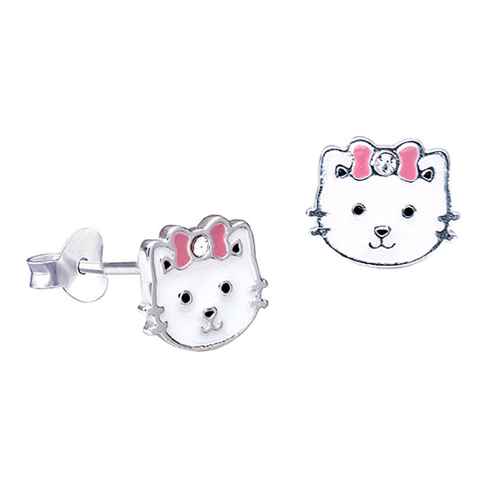 White Enamel Cat with Pink Bow & Crystal Studs