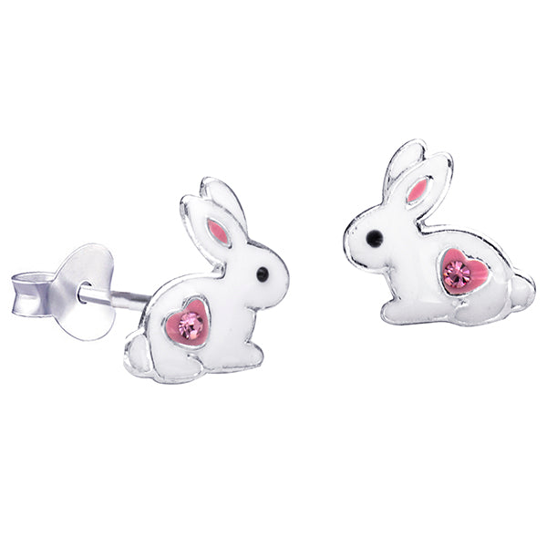 White Epoxy Rabbit with Pink Heart + Crystal Studs