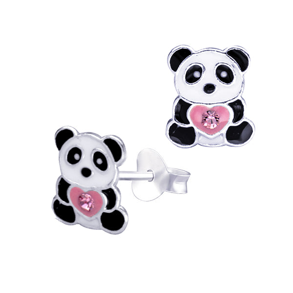 Black/White Enamel Panda with Pink Heart + Crystal Studs