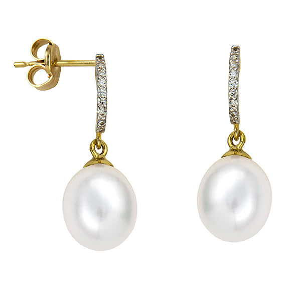 Oval Freshwater Cultured Pearl/White Cz Drop Studs