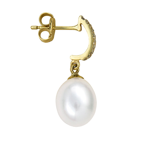 Oval Freshwater Cultured Pearl/White Cz Drop Studs